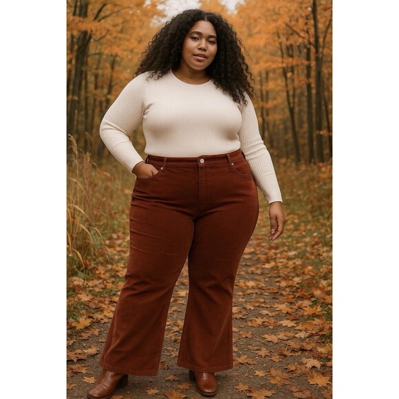 NEW Old Navy Womens‎ Sz 28 Plus Brown Corduroy Higher Rise Flare Corduroy Pants - Picture 1 of 9